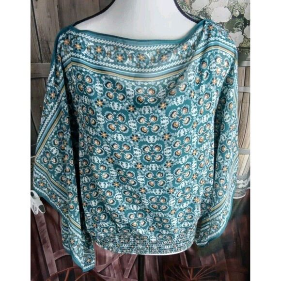 Maxi Studio Blouse Size S Flare Sleeves Lined Elastic Hem Paisley NEW - Picture 1 of 12